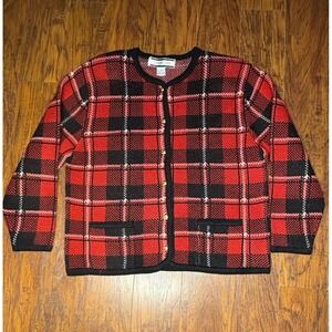 Vtg Y2K Red Black Plaid Cardigan Sweater Gold Buttons Size Large Crystal Kobe